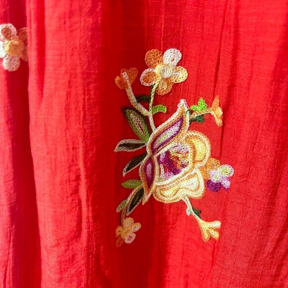 Figueroa Flower Women's Floral Embroidered Tiered Dress Red Small Short Sleeve - Picture 4 of 7